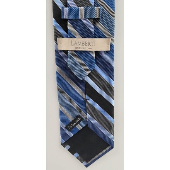 Lamberti Italy Silver‎ Blue Striped Silk Mens Neck Tie - Picture 4 of 4